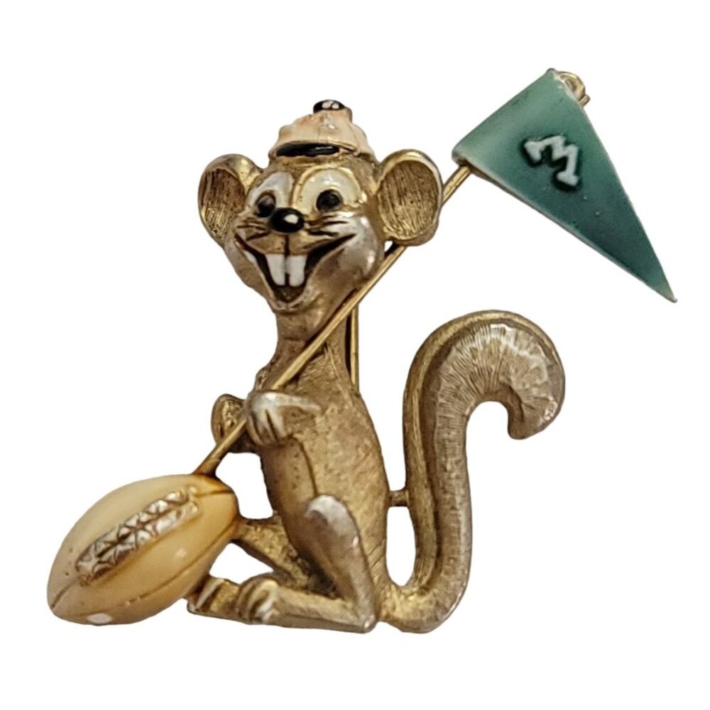 CFW Gold Tone Football Squirrel “M” Team Pin Brooch, Signed K95